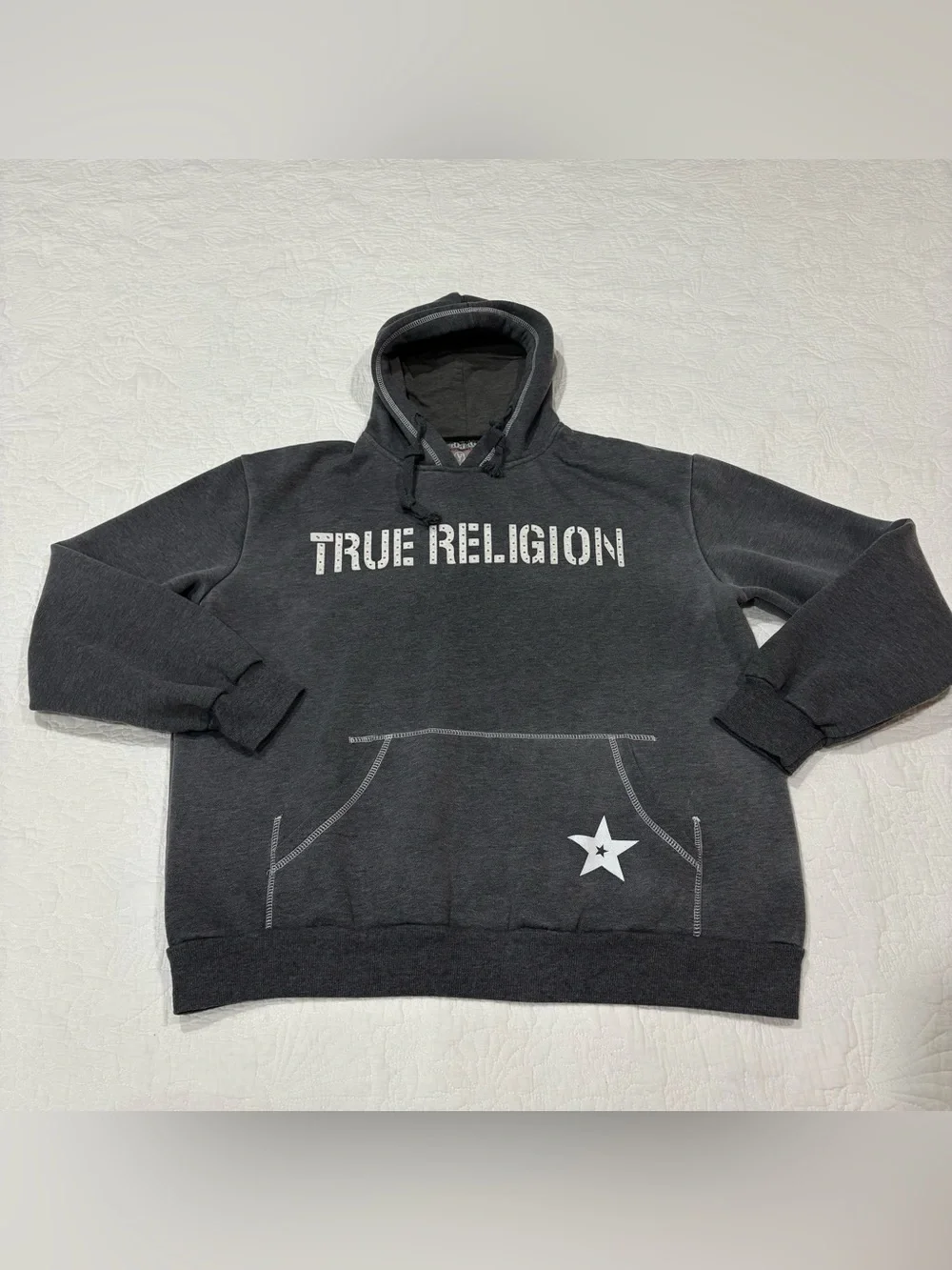 Vintage True Religion Big Logo Men’s Hoodie Zip Up Size XL Gray Stars Authentic